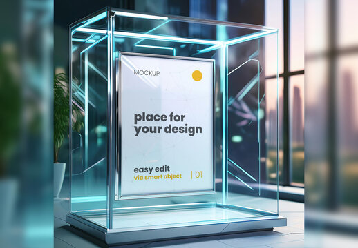 Poster Frame Mockup Inisde Glass Protective Box Effect 03 Generative Ai