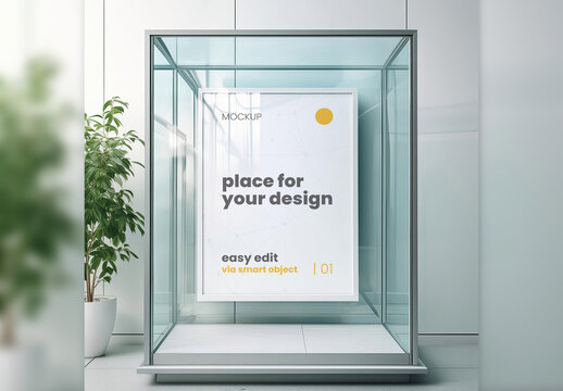 Poster Frame Mockup inside Glass Box with Plant Generative Ai