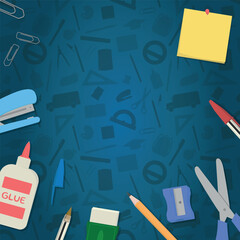 School Layout - Various School Supplies on Blue School Supplies Silhouettes Background - Glue, Stapler, Pencil, Pen, Eraser, Scissor and Post It. Square Shape.