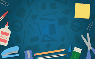 School Layout - Various School Supplies on Blue School Supplies Silhouettes Background - Glue, Stapler, Pencil, Pen, Eraser, Scissor and Post It. Rectangle Shape.