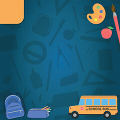 School Layout - Various School Itens on Blue School Supplies Silhouettes Background - Brush, Paint, Backpack, Case, School Bus and Teacher Apple. Square Shape.