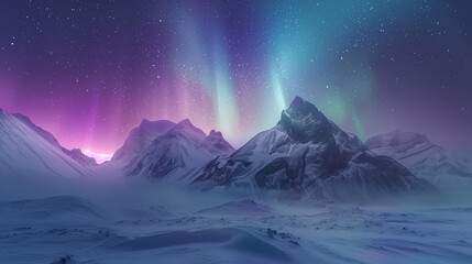 paysage enneigé avec des montagnes et aurores boréales	