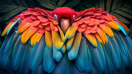 Fototapeta premium 2D flat color design of a parrot's feather pattern, with its bright, multi-colored plumage arranged in a harmonious and abstract composition. Flat color illustration, shiny, Minimal and Simple,