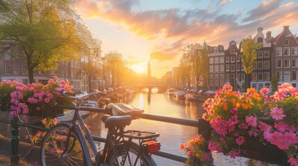 Beautiful sunrise over Amsterdam, The Netherlands, with flowers and bicycles on the bridge in spring 