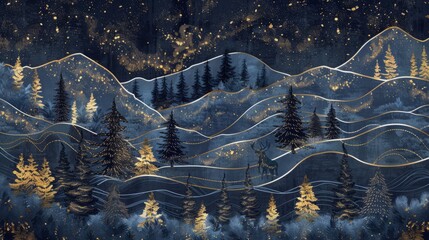 Generative AI forest mural in dark blue with Christmas trees deer and waves of gold