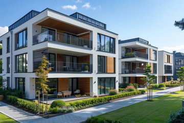Exterior view of modern apartments.