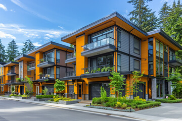 Exterior view of modern apartments.