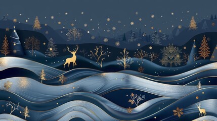 Generative AI depiction of a dark blue mural wallpaper featuring a serene winter forest with golden waves Christmas trees and deer