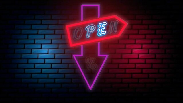 "Neon sign on a red background with a open sales symbol."