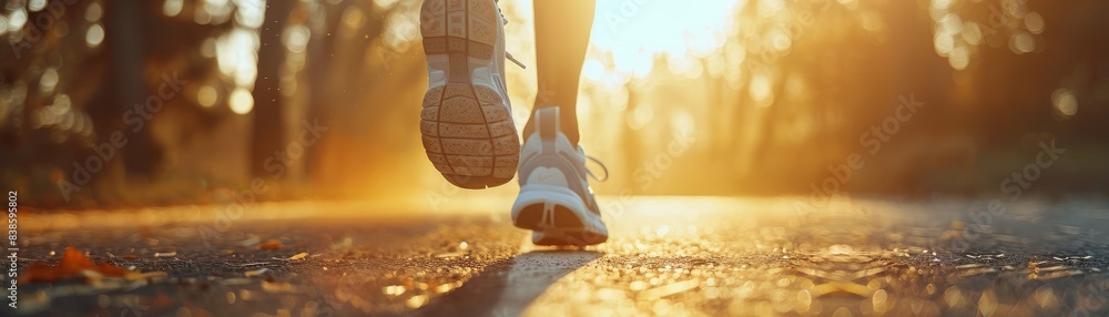 Wall mural capturing the motion of a runners feet in sneakers, in the early morning sunlight