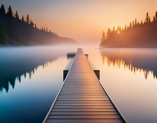 Fototapeta premium A straight flat simplistic rectangular lake dock, beautiful sunrise, foggy, calm water. Nature relax wallpaper.