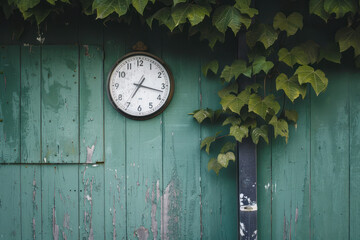  Wall clock on weathered green fence with climbing ivy