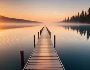 Fototapeta premium A straight flat simplistic rectangular lake dock, beautiful sunrise, foggy, calm water. Nature relax wallpaper.