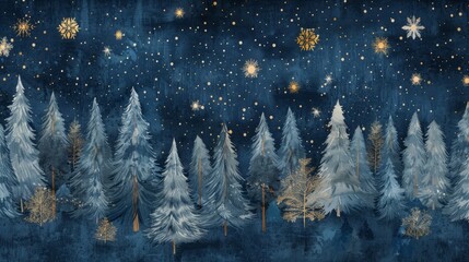 Generative AI dark blue mural featuring Christmas trees deer and golden waves