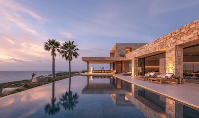 An extra large pool in a Greek architecture luxury stone villa with surrounded by palm trees and modern outdoor seating