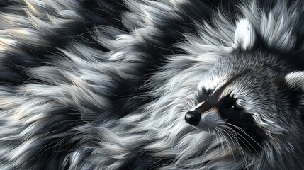Abstract representation of a raccoon's fur texture, with its distinctive black and grey striped pattern arranged in a clean, stylized design. Flat color illustration, shiny, Minimal and Simple,