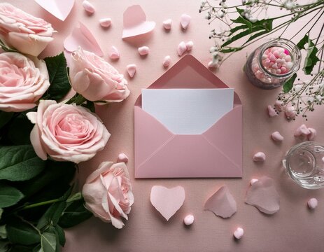 A top down shot captures an open pink envelope a paper card a vase filled with delicate pink roses and heart shaped confetti scattered on a soft pastel pink table This charming scene - Powered by Adobe