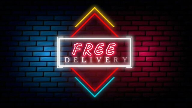 Neon sign on a red background with a Free delivery sales symbol.