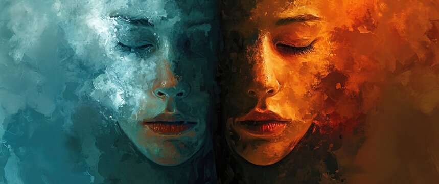 Two-faced, female, dual-toned art piece. Harmonizes contrasting hues to express complexity and diversity 🎨👩&zwj;🎨 Reflects artistic depth and versatility in contemporary aesthetics.