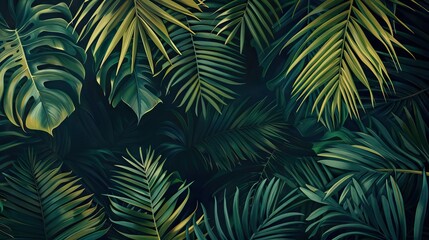 Beautiful nature background of vertical garden with tropical green leaf. Mural wallpaper. AI generated illustration