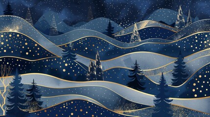 Generative AI dark blue mural featuring Christmas trees deer and golden waves
