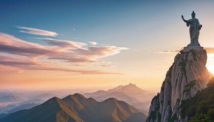 Fototapeta premium an illustration of a statue on top of a mountain with sunset, wall paper design, banner