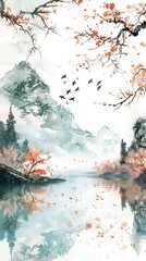 Beige background, fog, humpback bridge, flowering tree branch, birds. Mural wallpaper. AI generated illustration