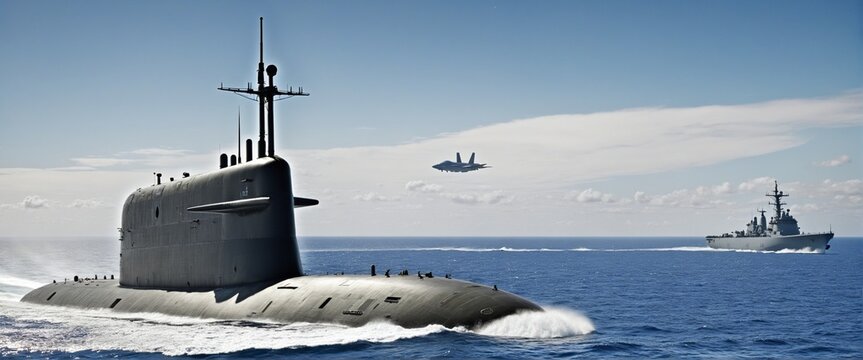 Generic military nuclear submarine floating in the middle of the ocean
