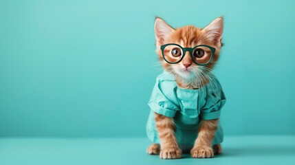 A ginger kitten wearing glasses and a blue lab coat is sitting on a blue background. The kitten is looking at the camera with a curious expression.