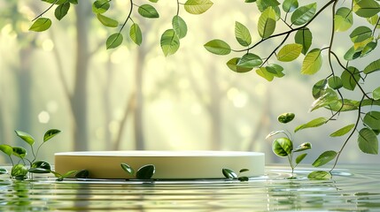 Elegant 2D flat color podium design in pastel yellow, with subtle green leaves and a tranquil water ripple effect surrounding the base, evoking a sense of natural harmony. Flat color illustration,