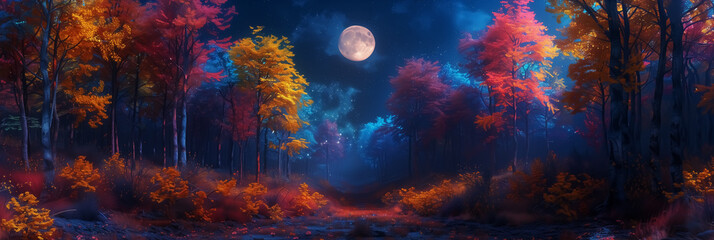 Fototapeta premium colorful hologram illustration, abstract holographic fantasy landscape with forest under moon. Wall Art Poster Print Design for Home Decor, Decoration Artwork, High Resolution Wallpaper & Background