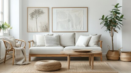 Bright airy living room with white sofa, natural wooden furniture and indoor plants