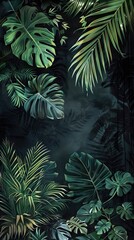 Beautiful nature background of vertical garden with tropical green leaf. Mural wallpaper. AI generated illustration