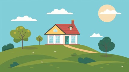 Fototapeta premium simple minimalistic colorful vector design, private house on hill, gable roof 