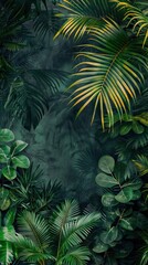 Beautiful nature background of vertical garden with tropical green leaf. Mural wallpaper. AI generated illustration