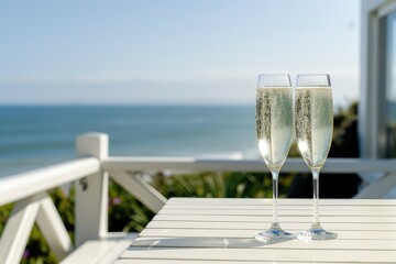 Two champagne glasses on a table with the ocean in the background.