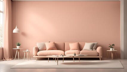 Peach Fuzz Trend Color 2024 in Premium Living Room. Pastel Beige Wall.