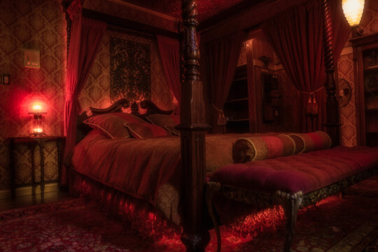 This image shows the interior design of a red victorian, bordello themed bedroom, facing the window covered with dramatic curtains. 