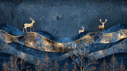 Dark blue mural wallpaper with Christmas trees mountains deer birds and waves of gold on a dark blue backdrop depicting a jungle or forest in a contemporary style