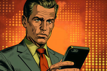 invisible artificial intelligence man using social media, comic pop art style