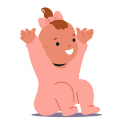 Cheerful Baby Girl Dressed In A Pink Onesie Joyfully Raising Her Hands, Infant Child Showcasing A Wide Smile