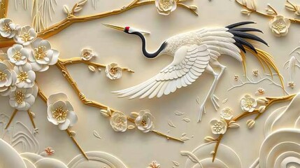 Abstract artistic background. Chinoiserie wallpaper, swans, oriental style, dioramas, flowers, golden brushstrokes. modern Art. Wallpapers, murals. AI generated illustration