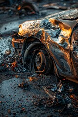 Burnt Out Car : a broken and burnt car with smashed metal after the fire on an asphalt road 
