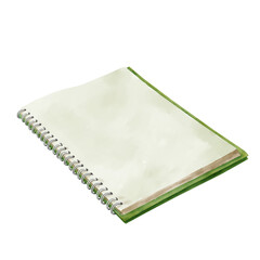 Green white notebook isolated on a white background. The booklet is on a spiral. An empty open book. Watercolor illustration. Hand-painted with watercolor brushes in Photoshop