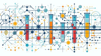 Naklejka premium Flat color background with a mix of geometric shapes and molecular diagrams, featuring icons of biotechnology like test tubes and gene editing tools integrated into the design. Flat color