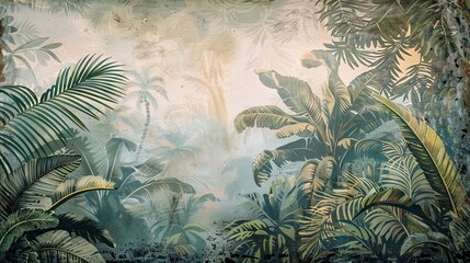 Tropical vintage botanical landscape illustration, palm tree, vegetable flower border background. Mural wallpaper. AI generated illustration