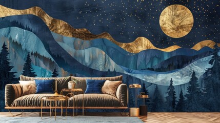 Dark blue contemporary mural wallpaper showcasing Christmas trees deer and birds highlighted with gold waves