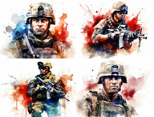 watercolor illustration collection set, 4th of July theme U.S. Army soldier with American national flag, red blue white  color splash aquarelle wet on wet clipart , isolated on white background