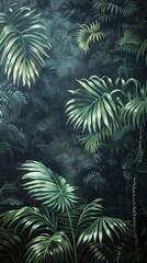 Beautiful nature background of vertical garden with tropical green leaf. Mural wallpaper. AI generated illustration