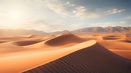 Desert sand dunes panorama at sunset. 3d render